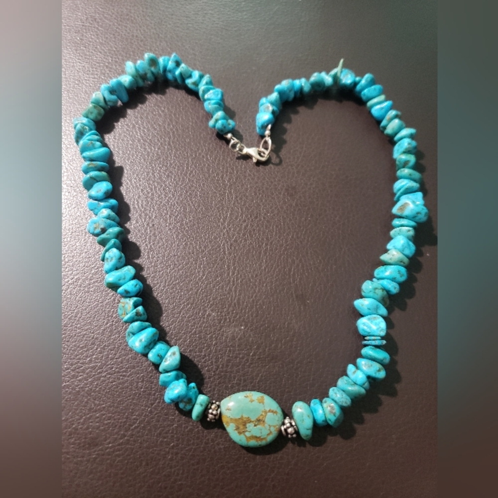 Turquoise Nugget Beaded Sterling Sliver Clasp Necklace